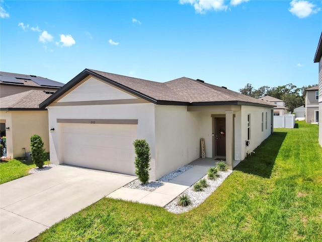 35552 Shade Fern Ln, Zephyrhills, FL 33541 - ranch-style house with a garage, stucco siding, roof with shingles, a front yard, and concrete driveway