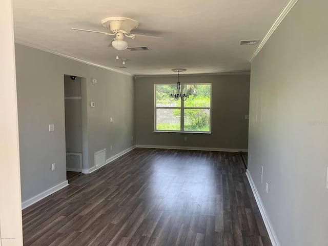 808 Hillsdale Dr, Cocoa, FL 32922 - spare room featuring crown molding, dark wood finished floors, ceiling fan, a chandelier, and baseboards