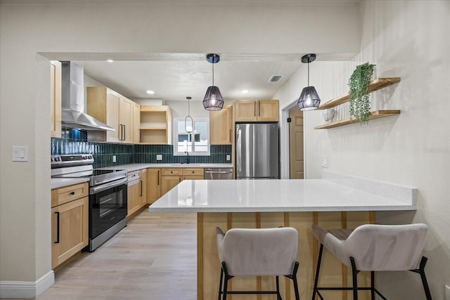 6875 11th Ave N, Saint Petersburg, FL 33710 - kitchen with open shelves, appliances with stainless steel finishes, wall chimney range hood, a peninsula, and backsplash