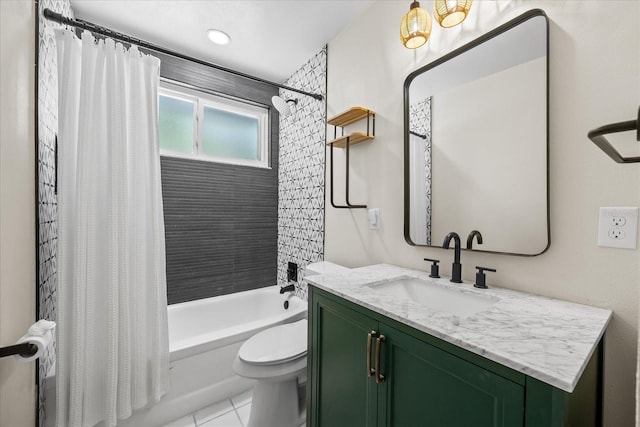 6875 11th Ave N, Saint Petersburg, FL 33710 - full bathroom with vanity, shower / tub combo with curtain, toilet, and tile patterned flooring