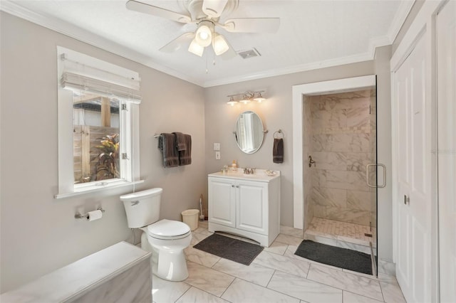 2245 Bahia Vista St, Sarasota, FL 34239 - full bathroom featuring vanity, toilet, a shower stall, marble finish floors, and a ceiling fan