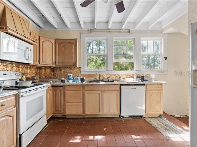 485 E Stanford St, Bartow, FL 33830 - kitchen with white appliances, beam ceiling, tasteful backsplash, a ceiling fan, and a sink