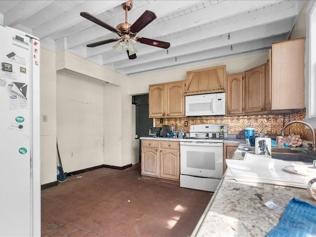 485 E Stanford St, Bartow, FL 33830 - kitchen featuring white appliances, light countertops, decorative backsplash, beam ceiling, and ceiling fan