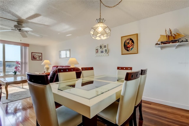 7465 Bay Island Dr S Unit 213, South Pasadena, FL 33707 - dining room with plenty of natural light, a textured ceiling, wood finished floors, a ceiling fan, and baseboards