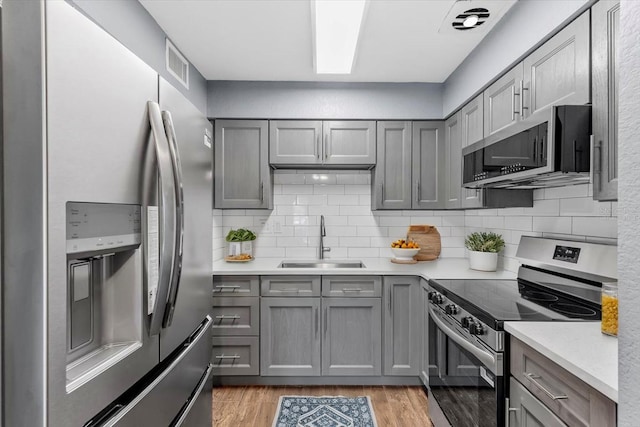5051 Bonito Dr, New Port Richey, FL 34652 - kitchen with stainless steel appliances, a sink, gray cabinets, light countertops, and light wood finished floors
