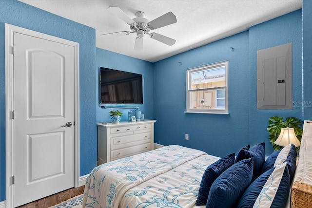 5051 Bonito Dr, New Port Richey, FL 34652 - bedroom featuring electric panel, wood finished floors, a textured wall, a ceiling fan, and baseboards