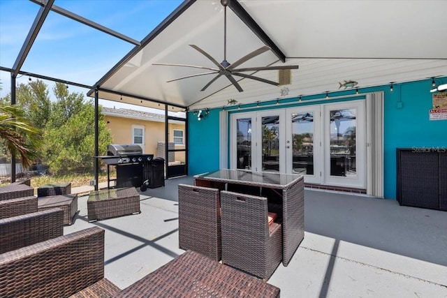 5051 Bonito Dr, New Port Richey, FL 34652 - view of patio / terrace featuring french doors, a grill, ceiling fan, an outdoor hangout area, and glass enclosure
