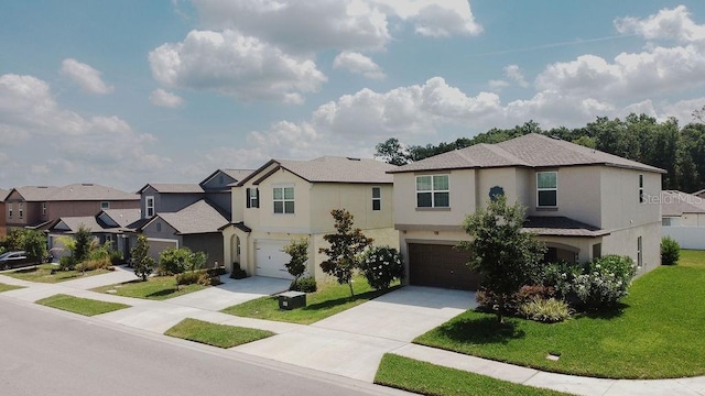 6444 Bar S Bar Trl, Zephyrhills, FL 33541 - view of front of home featuring stucco siding, a garage, driveway, and a residential view