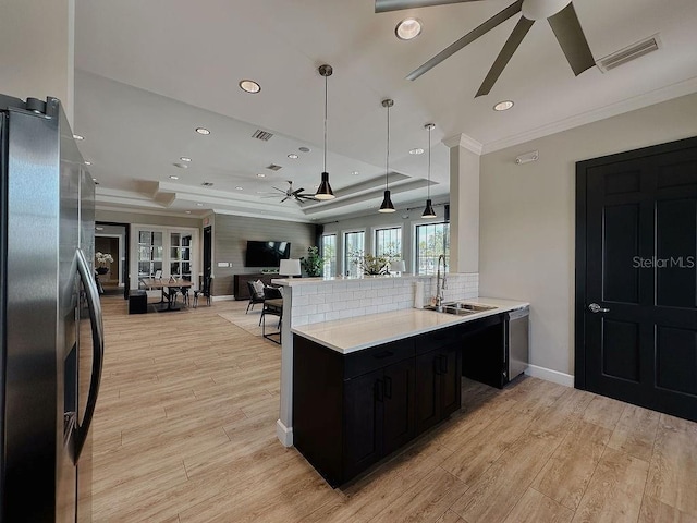 6444 Bar S Bar Trl, Zephyrhills, FL 33541 - kitchen featuring ceiling fan, a sink, appliances with stainless steel finishes, dark cabinetry, and open floor plan