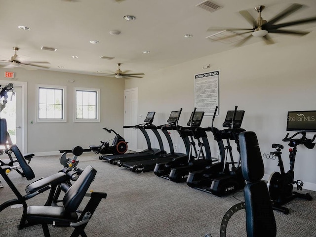 6444 Bar S Bar Trl, Zephyrhills, FL 33541 - workout area featuring a ceiling fan, carpet floors, recessed lighting, and baseboards