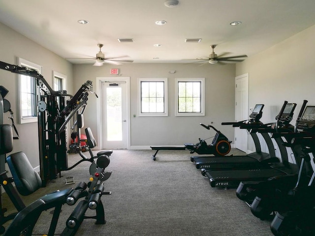 6444 Bar S Bar Trl, Zephyrhills, FL 33541 - exercise room featuring a ceiling fan, carpet floors, plenty of natural light, and recessed lighting