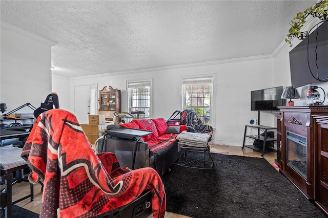 living area with ornamental molding, a textured ceiling, and a glass covered fireplace