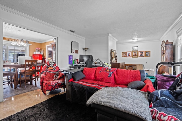 living area with crown molding, a chandelier, and a textured ceiling