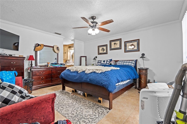 bedroom with ornamental molding, a textured ceiling, ceiling fan, and light tile patterned flooring