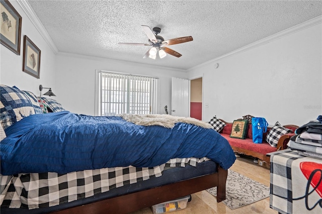 bedroom with ornamental molding, a textured ceiling, and ceiling fan