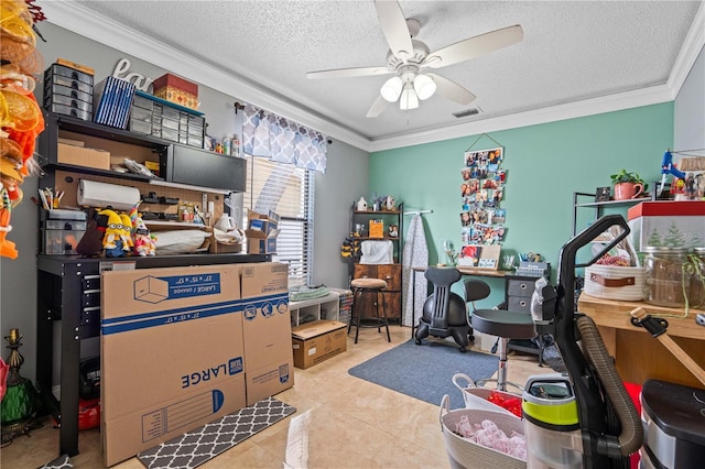 home office with a ceiling fan, ornamental molding, a textured ceiling, and tile patterned floors