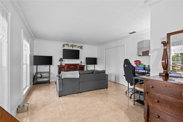 4120 Tyndale Dr, Brandon, FL 33511 - living room with ornamental molding, a desk, a textured ceiling, and light tile patterned floors