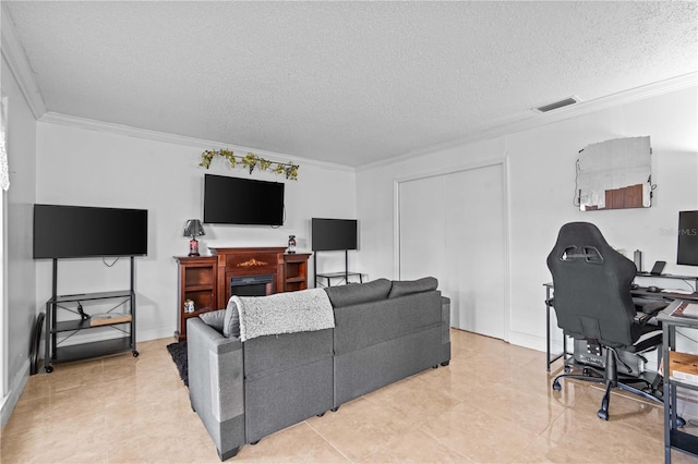 4120 Tyndale Dr, Brandon, FL 33511 - living room with ornamental molding, an office area, and a textured ceiling