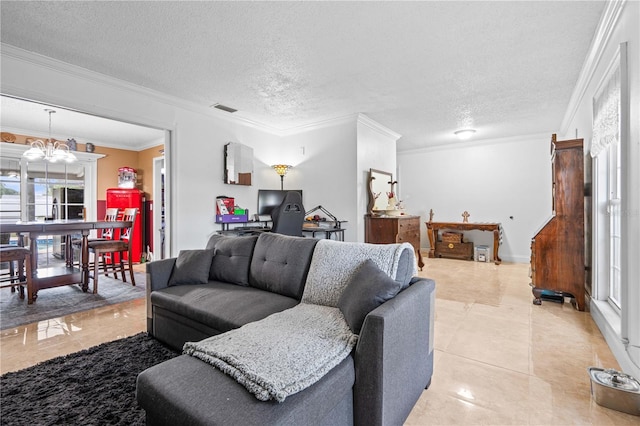 4120 Tyndale Dr, Brandon, FL 33511 - living area featuring ornamental molding, a chandelier, light tile patterned flooring, and a textured ceiling