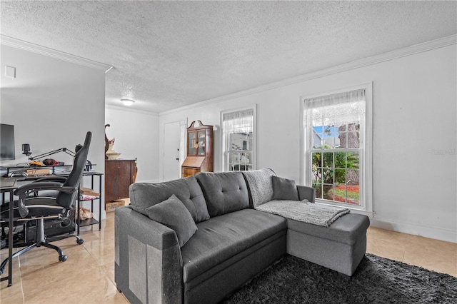 4120 Tyndale Dr, Brandon, FL 33511 - living room with crown molding, a desk, light tile patterned flooring, and a textured ceiling
