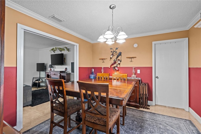 4120 Tyndale Dr, Brandon, FL 33511 - dining space with light tile patterned floors, a chandelier, a textured ceiling, and ornamental molding