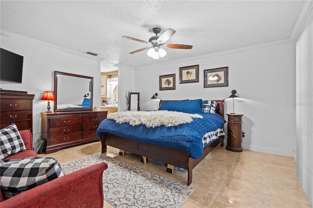 4120 Tyndale Dr, Brandon, FL 33511 - bedroom with a textured ceiling, crown molding, a ceiling fan, and light tile patterned floors