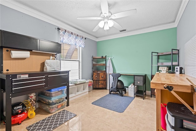 4120 Tyndale Dr, Brandon, FL 33511 - bedroom featuring a desk, ornamental molding, a textured ceiling, tile patterned flooring, and a ceiling fan