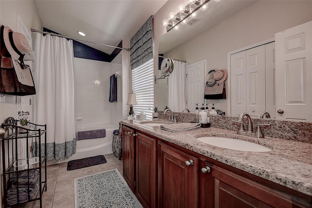full bathroom with double vanity, tile patterned floors, and shower / bathtub combination with curtain