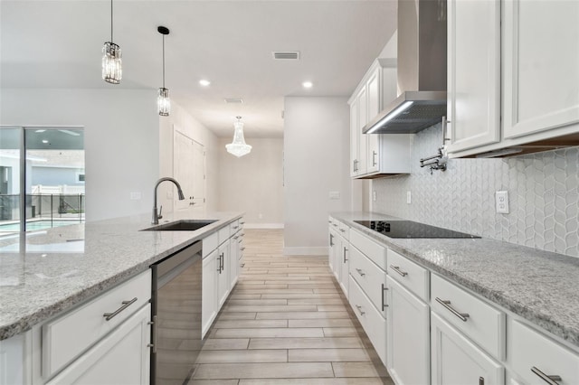 8421 Ivy Stark Blvd, Wesley Chapel, FL 33545 - kitchen with wall chimney exhaust hood, dishwasher, a sink, black electric cooktop, and tasteful backsplash