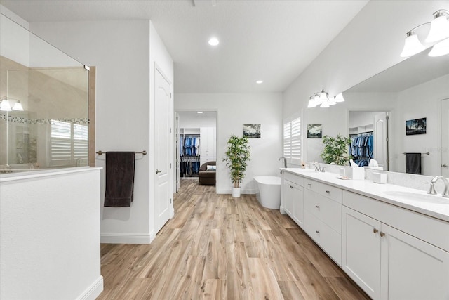 1416 Via Verdi Dr, Palm Harbor, FL 34683 - full bath featuring a walk in closet, double vanity, wood finished floors, tiled shower, and recessed lighting