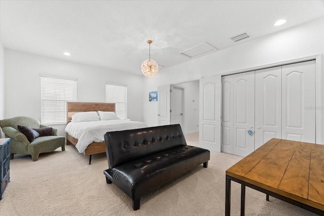 1416 Via Verdi Dr, Palm Harbor, FL 34683 - bedroom with attic access, light colored carpet, a closet, and recessed lighting