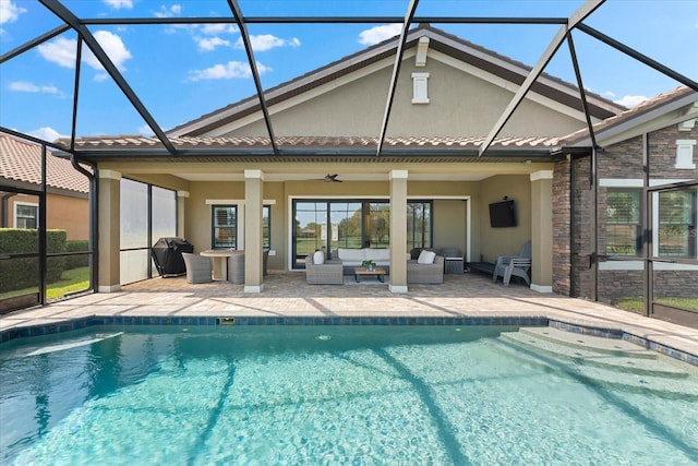 1416 Via Verdi Dr, Palm Harbor, FL 34683 - rear view of property featuring stucco siding, an outdoor hangout area, a patio, a lanai, and an outdoor pool