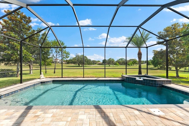 1416 Via Verdi Dr, Palm Harbor, FL 34683 - view of pool with a lanai, a yard, a pool with connected hot tub, and a patio