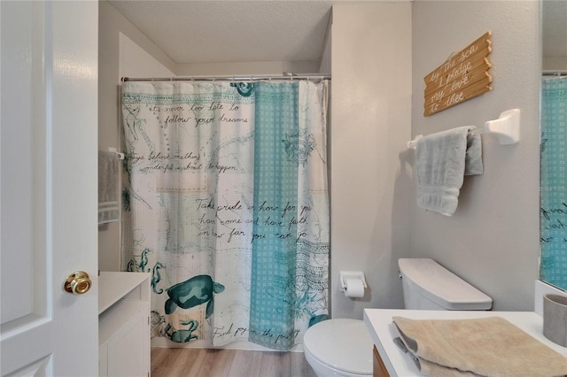 10449 Hunters Haven Blvd, Riverview, FL 33578 - full bathroom with vanity, toilet, wood finished floors, and a shower with curtain