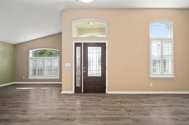 entryway featuring wood finished floors, vaulted ceiling, and baseboards
