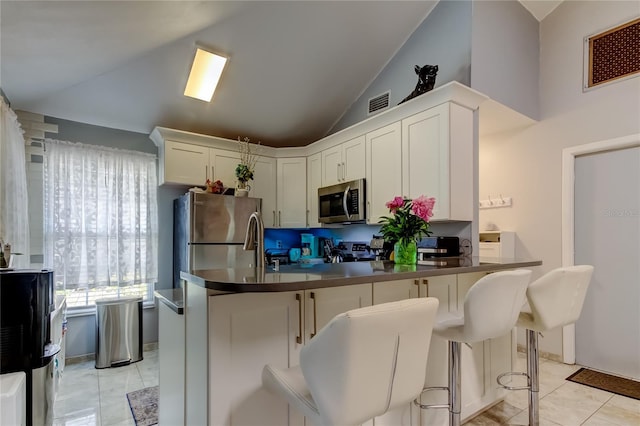 2721 Baird Ct, Palm Harbor, FL 34684 - kitchen featuring stainless steel appliances, lofted ceiling, a peninsula, dark countertops, and a kitchen bar