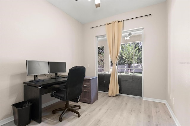 3023 Minuteman Ln, Brandon, FL 33511 - office area featuring a ceiling fan, light wood-style floors, and baseboards