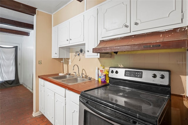 8828 Jasmine Blvd, Port Richey, FL 34668 - kitchen featuring stainless steel electric stove, a sink, under cabinet range hood, brick flooring, and white cabinets