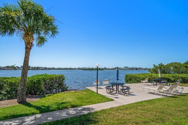 view of property's community featuring a water view and a lawn