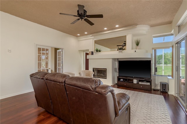 800 Belted Kingfisher Dr S, Palm Harbor, FL 34683 - living room with dark wood-style floors, healthy amount of natural light, a ceiling fan, a glass covered fireplace, and recessed lighting