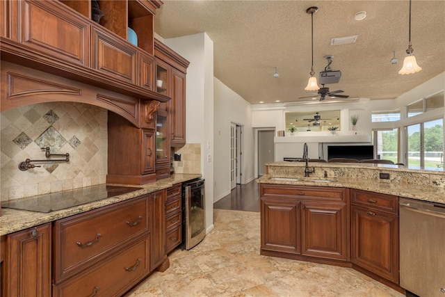 800 Belted Kingfisher Dr S, Palm Harbor, FL 34683 - kitchen with stainless steel dishwasher, beverage cooler, a sink, black electric cooktop, and backsplash