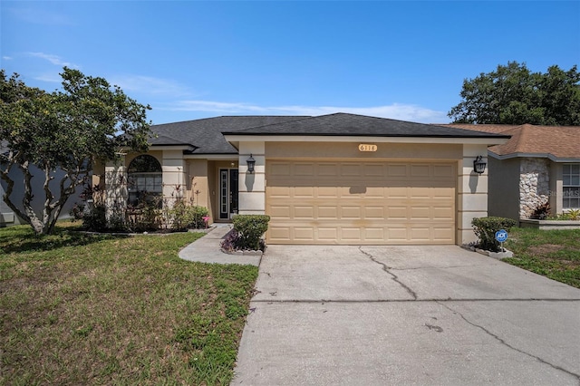 6118 Becklin Pl, Riverview, FL 33578 - view of front of house with stucco siding, concrete driveway, an attached garage, and a front yard