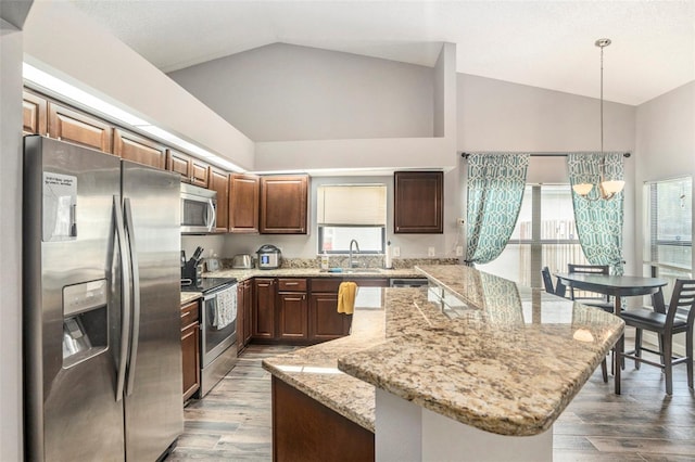 6118 Becklin Pl, Riverview, FL 33578 - kitchen featuring appliances with stainless steel finishes, lofted ceiling, wood finished floors, light stone countertops, and a sink