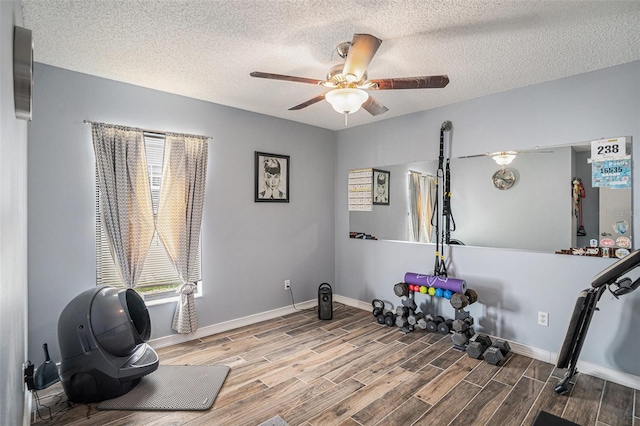 6118 Becklin Pl, Riverview, FL 33578 - exercise area with healthy amount of natural light, wood finished floors, ceiling fan, a textured ceiling, and baseboards