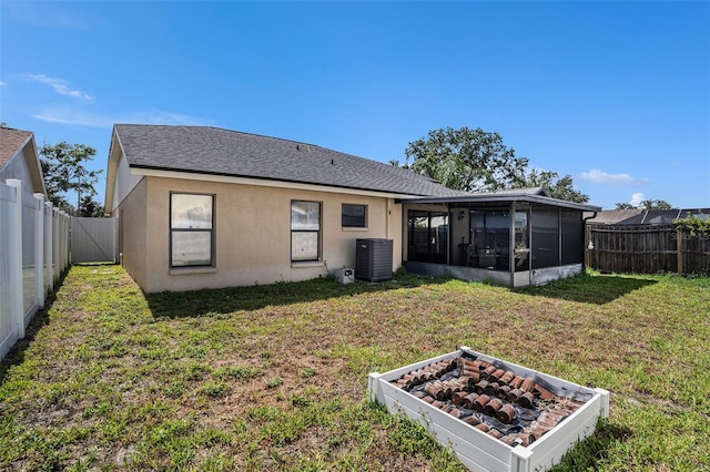 6118 Becklin Pl, Riverview, FL 33578 - back of house featuring a sunroom, stucco siding, roof with shingles, and cooling unit