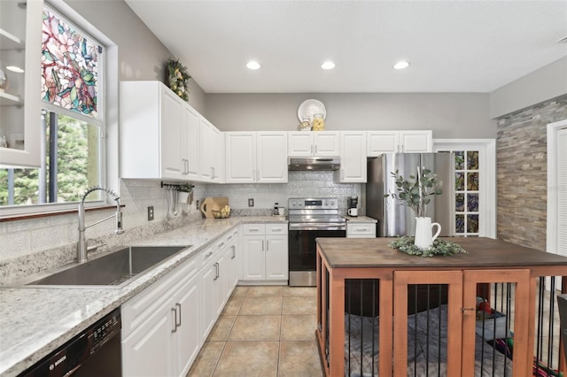 11029 Lynn Lake Cir, Tampa, FL 33625 - kitchen featuring appliances with stainless steel finishes, a sink, under cabinet range hood, backsplash, and white cabinets
