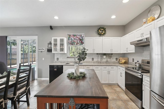 11029 Lynn Lake Cir, Tampa, FL 33625 - kitchen with stainless steel appliances, under cabinet range hood, a sink, tasteful backsplash, and a kitchen island
