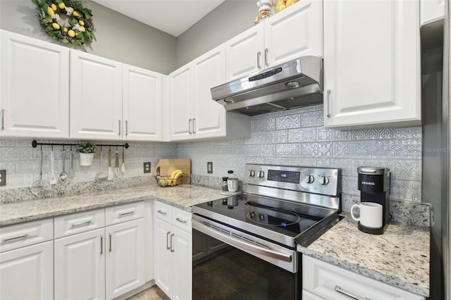 11029 Lynn Lake Cir, Tampa, FL 33625 - kitchen featuring under cabinet range hood, stainless steel electric range, decorative backsplash, white cabinets, and light stone counters