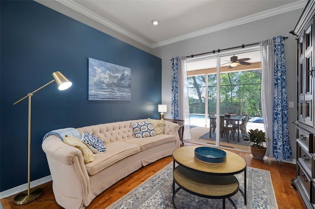 2903 Manor Ridge Pl, Valrico, FL 33596 - living room featuring ornamental molding, wood finished floors, and a ceiling fan