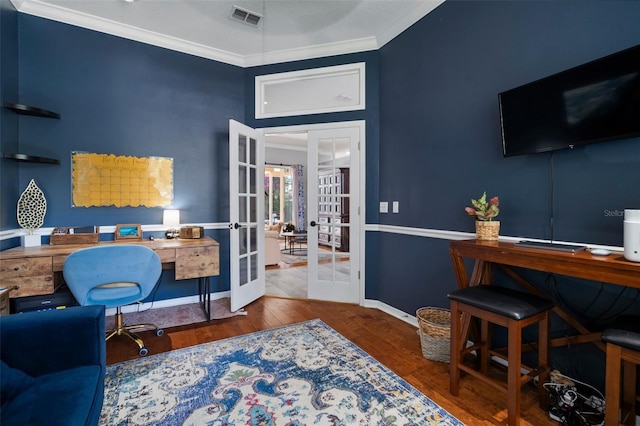 2903 Manor Ridge Pl, Valrico, FL 33596 - office with french doors, baseboards, ornamental molding, and wood finished floors